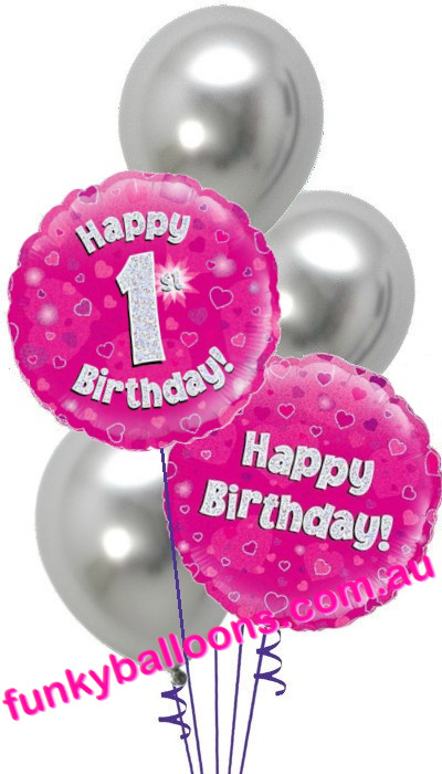 (image for) 1st Pink + Silver Birthday Bouquet - Click Image to Close